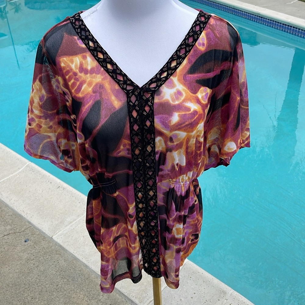 Sheer Alfani Multi-Color Purple & Black Beaded Top. Size PS | Petite Small